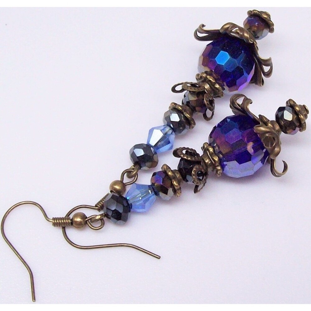 Victorian Style Crystal Dangle Earrings, Art Nouveau, Blue, Antique Bronze, Arti